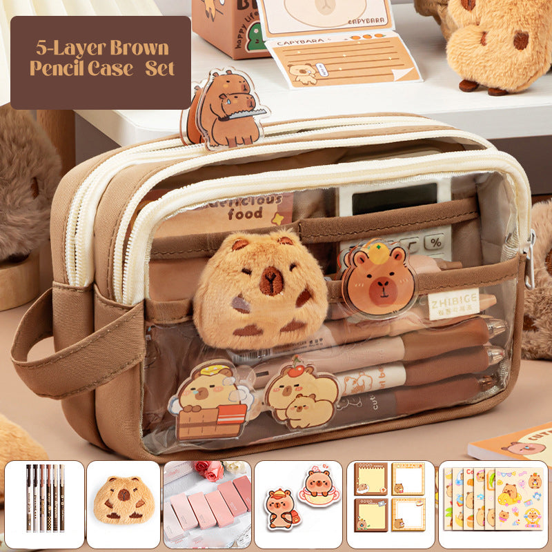 Capybara 5-Layer Brown Pencil Case