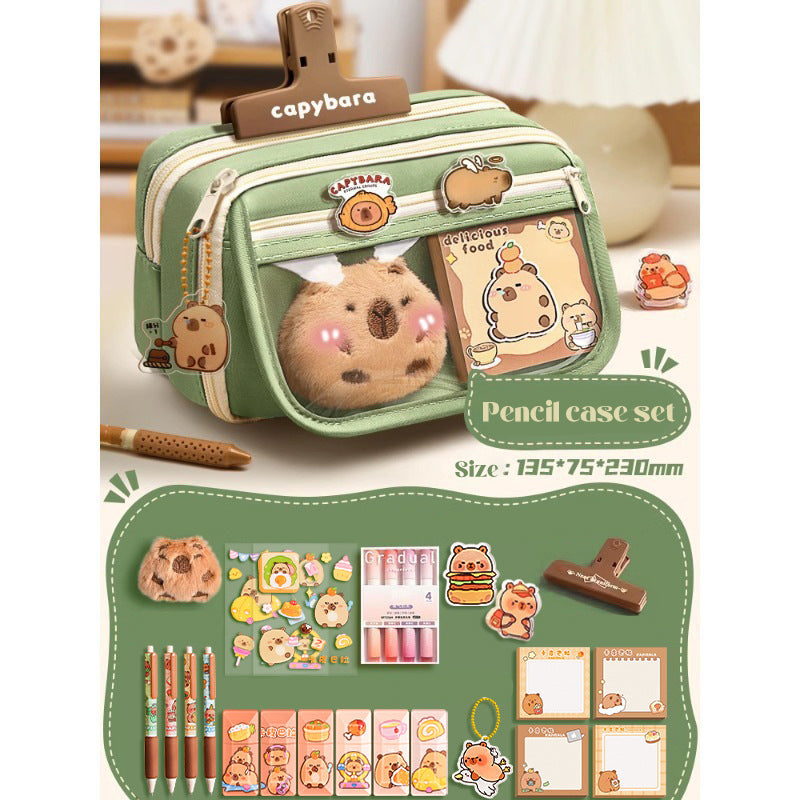 Capybara 9-Layer Mint Green Pencil Case with 1 Brooch + 6 Correction Tapes + 4 Highlighters + 4 Gel Pens + 4 Notepads + 1 Magnetic Clip + 1 Brooch + 1 PP Folder