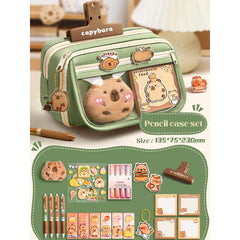 Capybara 9-Layer Mint Green Pencil Case with 1 Brooch + 6 Correction Tapes + 4 Highlighters + 4 Gel Pens + 4 Notepads + 1 Magnetic Clip + 1 Brooch + 1 PP Folder