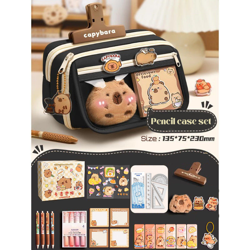 Capybara 9-Layer Melard Brown Pencil Case set with 1 Gift Bag + 1 Plush Brooch + 6 Correction Tapes + 4-Piece Ruler Set + 4 Highlighters