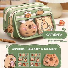 Capybara 9 layers of pencil case, mint-colored,with 1 brooch and 20 stickers included