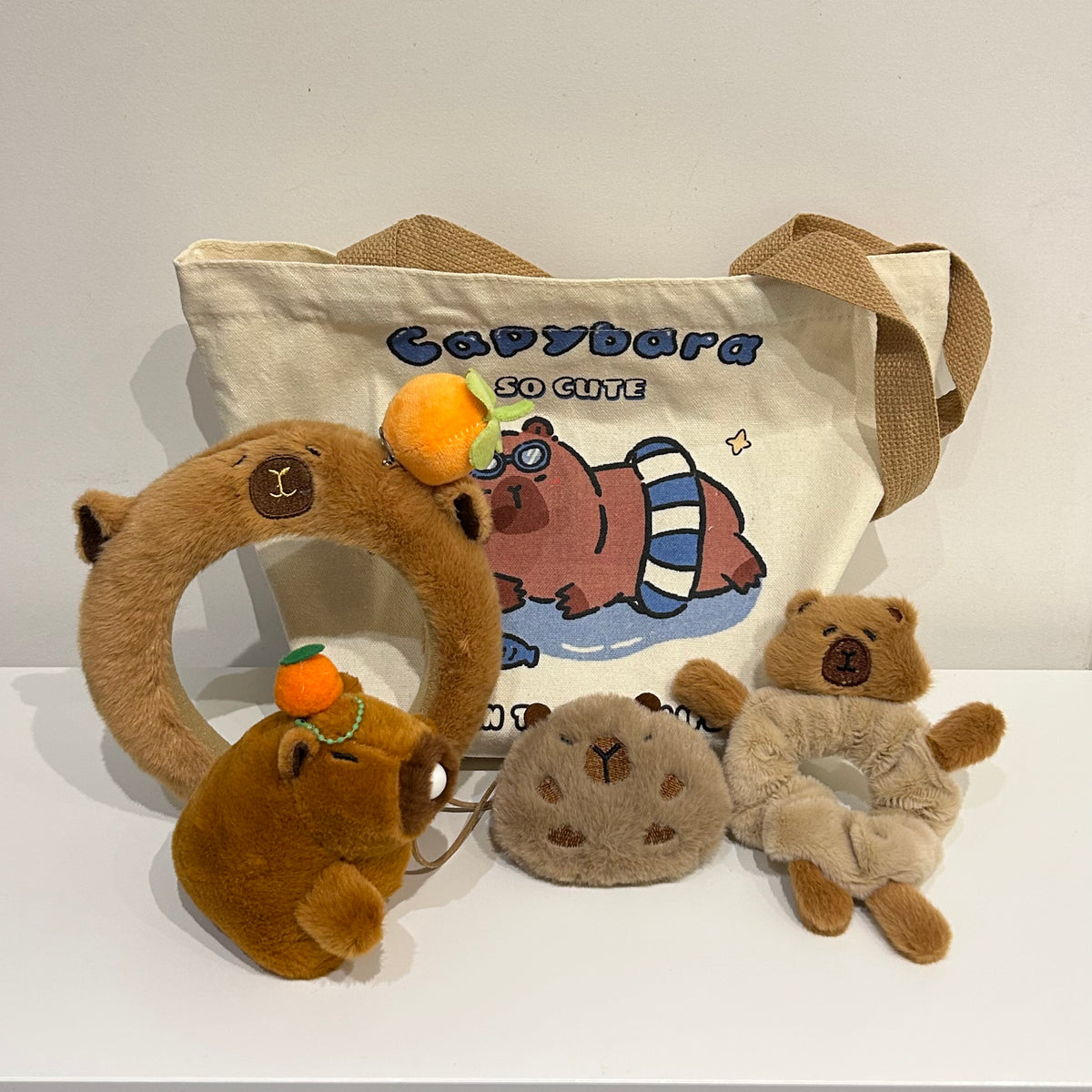 Capybara Hair Accessory Set with Canvas Bag